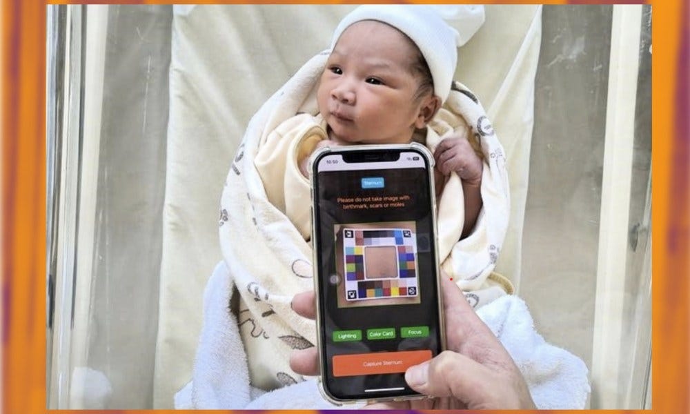 Person using an app to look for signs of jaundice.