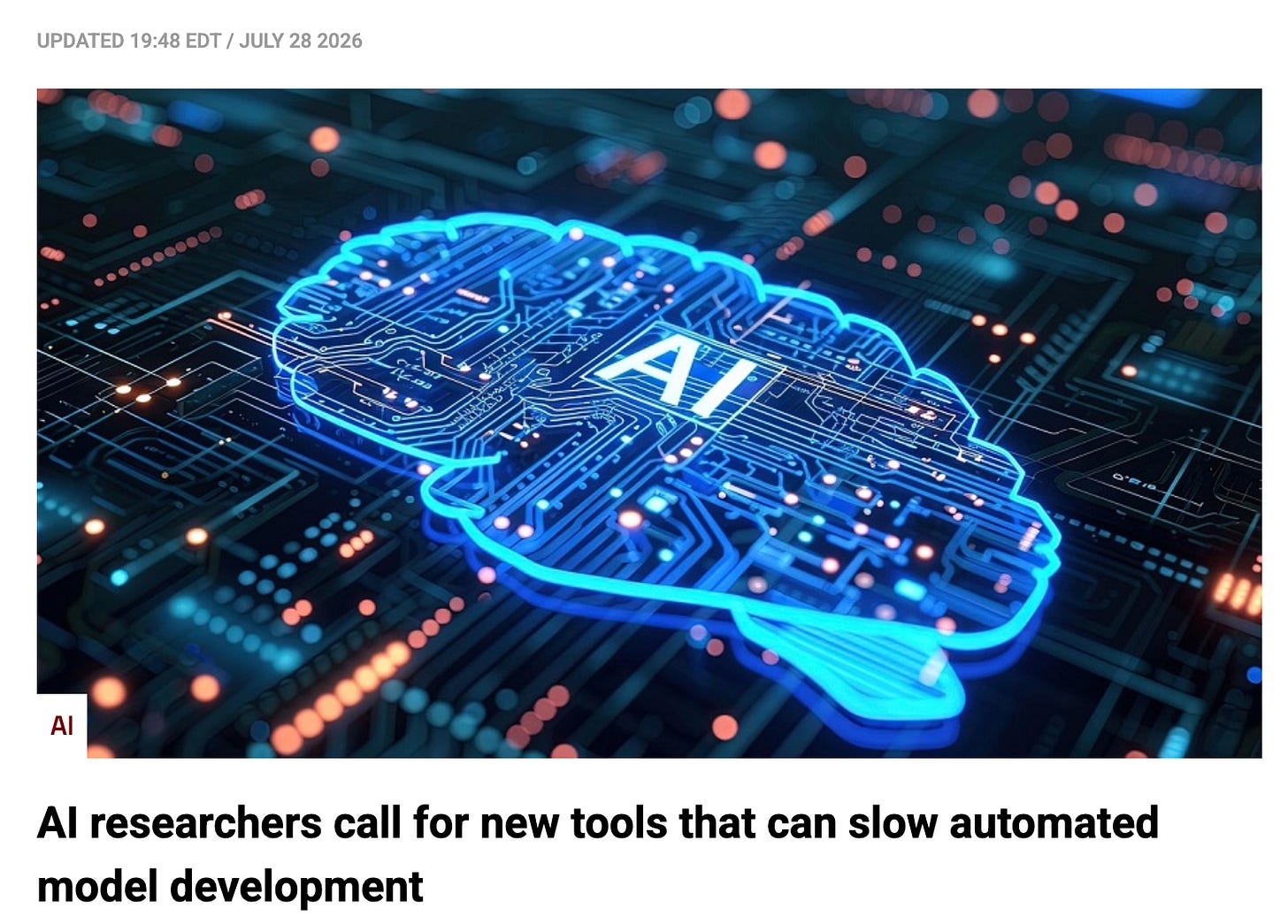 Illustration accompanying an article about automated AI research. A glowing blue AI brain, rendered as an electronic circuit, sits on a digital circuit board, symbolizing artificial intelligence accelerating its own development. Illustration accompanying an article about automated AI research. A glowing blue AI brain, rendered as an electronic circuit, sits on a digital circuit board, symbolizing artificial intelligence accelerating its own development.
