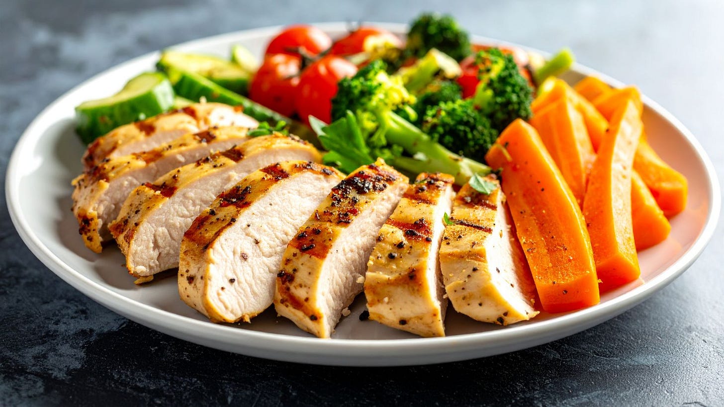 Balanced healthy meal demonstrating nutrition stacking with protein, vegetables, healthy fats, and colorful whole foods.