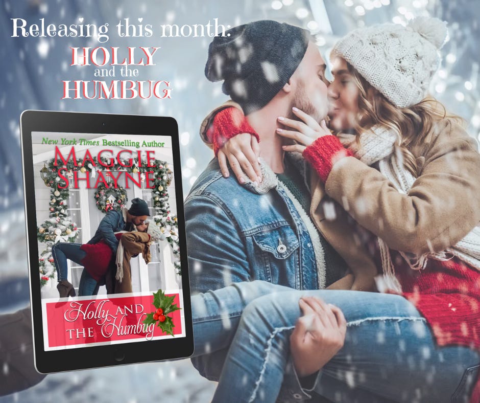 A handsome man in a fleece lined denim jacket and a dark blue knit cap, holds a woman in his arms. She's wearing a red sweater underneath a brown jacket and a white hat, and it's snowing outside. Beside them is an image of the book cover and the title, Holly and the Humbug. the cover has the same couple, slightly different post-a bent backward happy kiss, in front of a decorated front door that's white with colorful garland, a wreath, and plenty of snow.