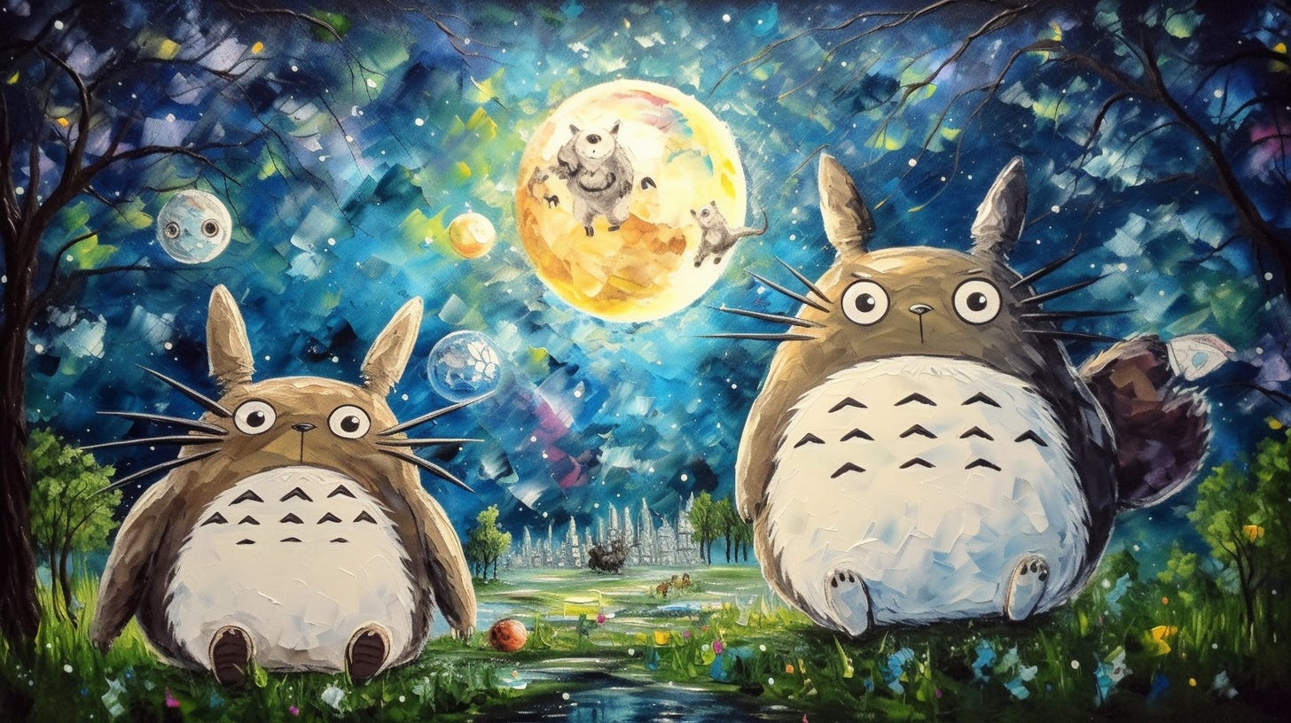 super cute totoro ghibli characters wearing glasses, starry night painting,