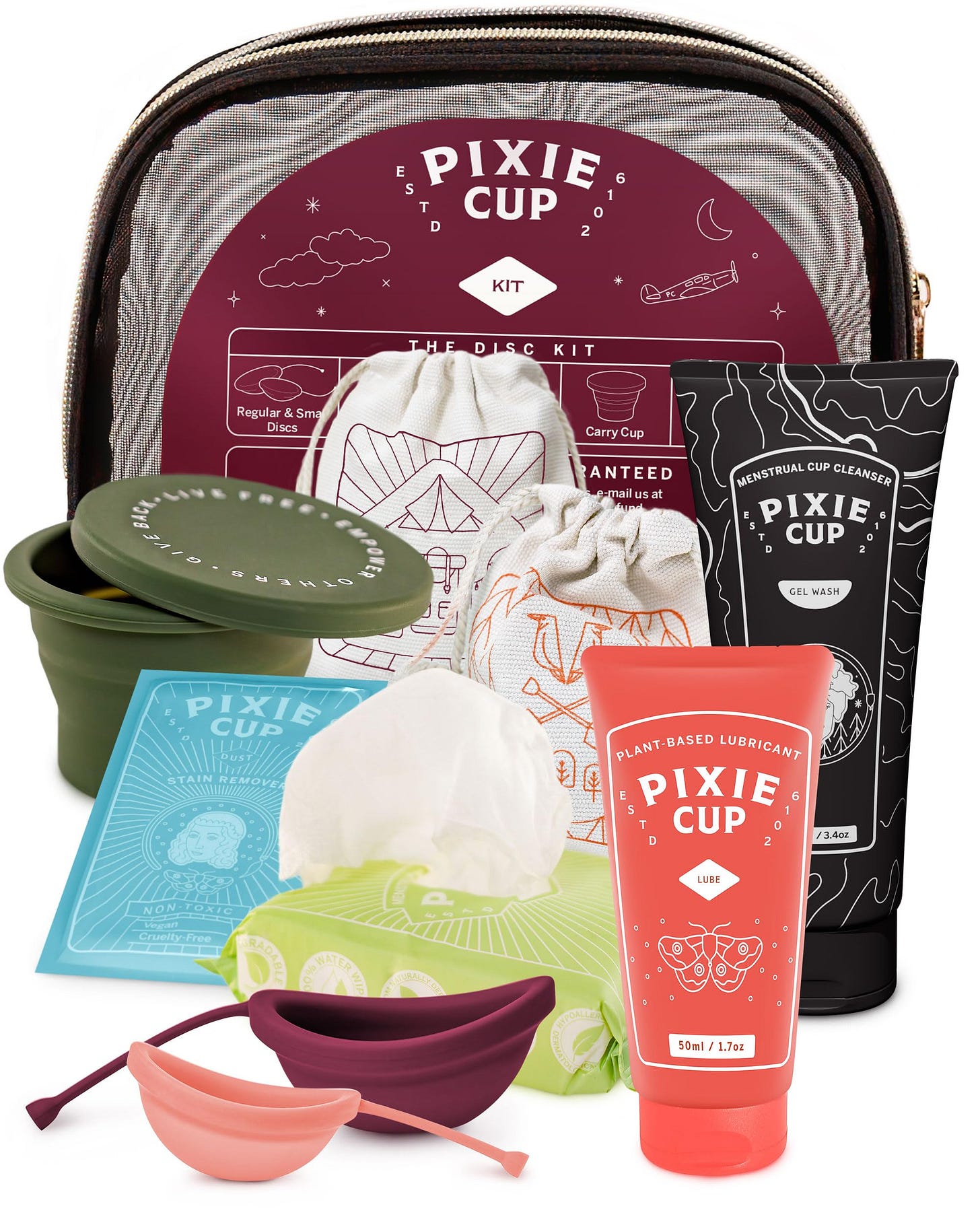 Amazon.com: Pixie Menstrual Disc Kit - Best Period Disc Starter Kit - 2  Discs, 20 Wipes, Wash, Lube, Public Restroom Carry Cup, Stain Remover &  Storage Bag - Proven to Become A