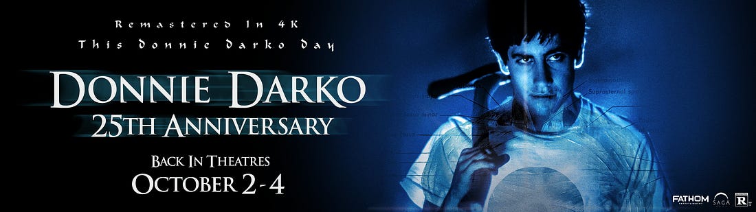 Плакат за 25-ата годишнина на Дони Дарко; ремастериран в 4K, в кината от 2 до 4 октомври; изобразява млад мъж с фенерче и тъмен фон със сини тонове. Плакат за 25-ата годишнина на Дони Дарко; ремастериран в 4K, в кината от 2 до 4 октомври; изобразява млад мъж с фенерче и тъмен фон със сини тонове.