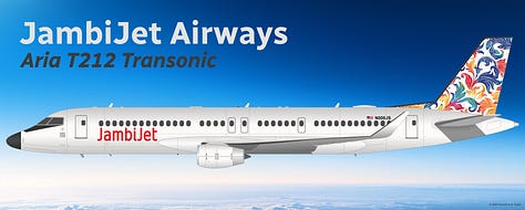 The current JambiJet fleet: 1) Airbus A320neo, 2) Airbus A320-200, 3) Aria T102 Transonic, 4) Aria T152 Transonic, 5) Aria T182 Transonic, and 6) Aria T212 Transonic - all in example Batik liveries, all shown in side view while in midflight.