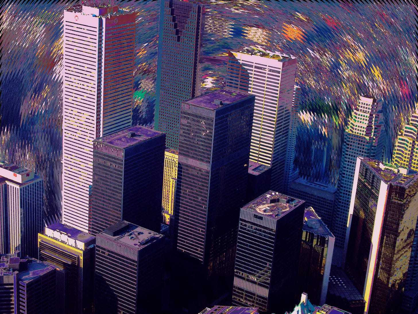 Edited cityscape photo. The closest buildings are sharp and in focus, while the background is blurred with a circular ripple effect. The colors have shifted, with purple as the dominant hue.