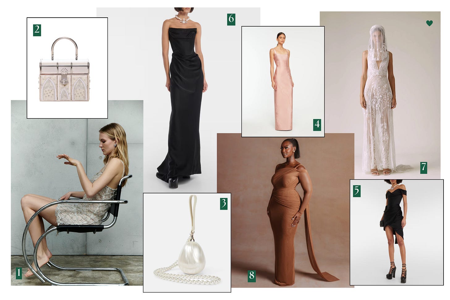 Collage of elegant bridal and evening fashion looks by British designers, featuring a short beaded dress (1), a metallic structured handbag (2), a pearl-inspired clutch (3), a blush pink satin gown (4), a black asymmetric cocktail dress (5), a strapless black evening gown (6), a white lace bridal gown with veil (7), and a ruched bronze evening gown (8).