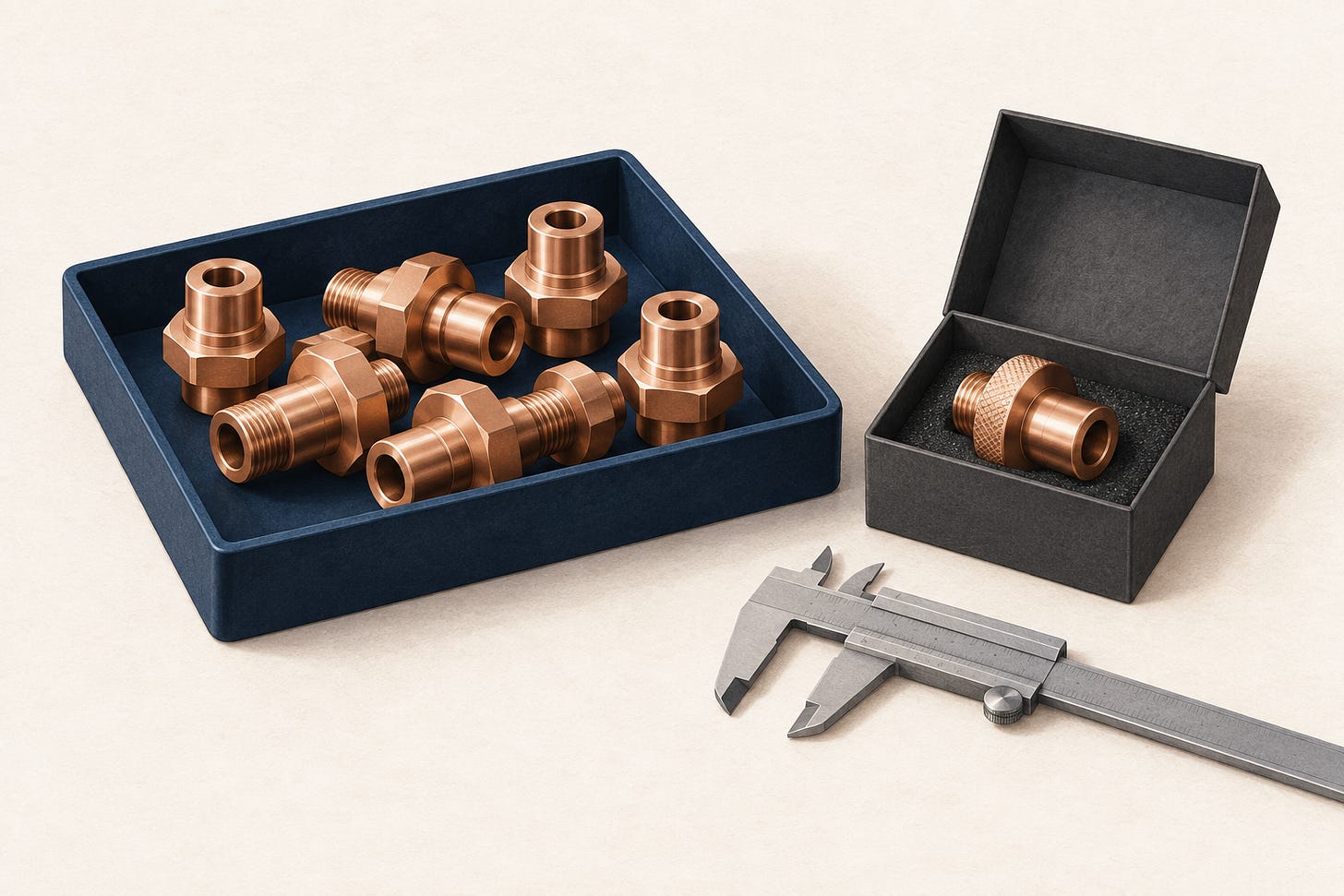 Conceptual illustration of copper components in a tray, a separate sample in an open box, and a measuring gauge. Conceptual illustration of copper components in a tray, a separate sample in an open box, and a measuring gauge.