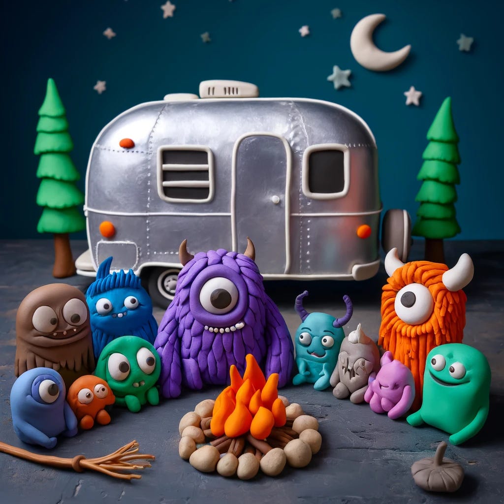 A scene made of clay featuring a purple monster and additional monsters of different colors and shapes sitting by a campfire next to a silver Airstream camper. The monsters have friendly expressions, with big round eyes and slight smiles. The campfire is lit, with flames made of clay flickering. The silver Airstream camper is detailed, with a door and windows visible. The surrounding environment includes clay trees and a night sky with clay stars. The overall atmosphere is cozy and whimsical, with monsters in various colors such as blue, green, and orange, each with unique features like horns, wings, or tails.