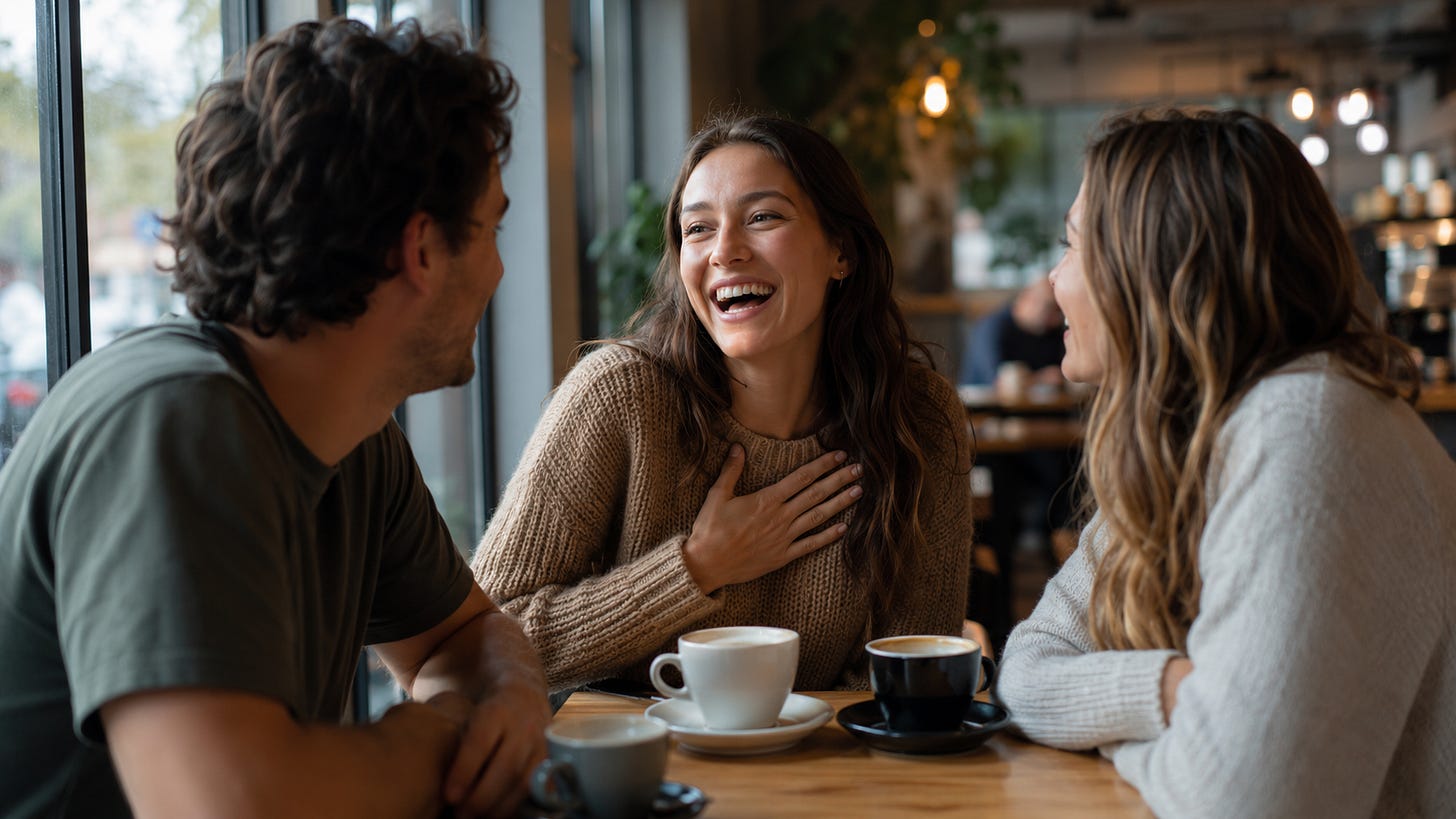 Friends at a coffee shop table; the contracts read themselves out loud all day long.