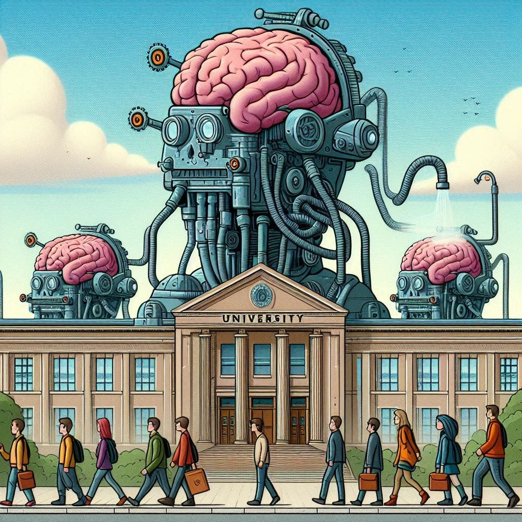 animated style of people in front of a university with machinery attached to their heads and it looks like their brainpower is being vacuumed up to power the building