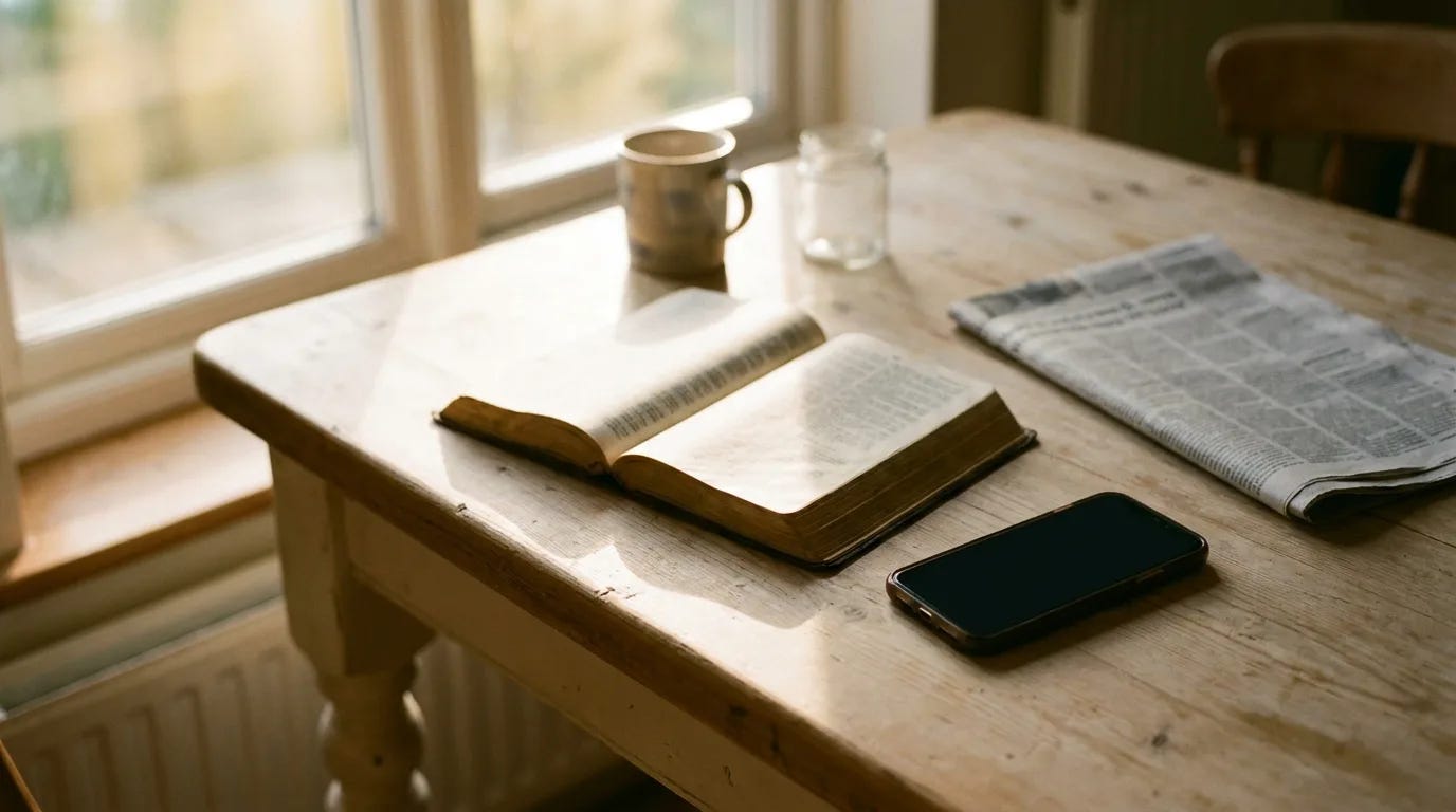 An open Bible in warm morning light on a plain wooden table with a smartphone with its screen dark beside it, a quiet scene of technology set in its place beneath Scripture