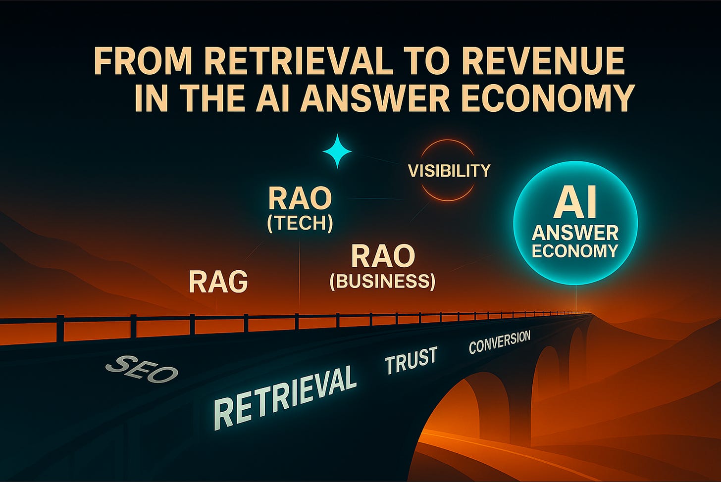 Illustration of a glowing digital bridge labeled SEO, Retrieval, Trust, and Conversion leading toward the AI Answer Economy. Above the bridge are terms RAG, RAO (Tech), RAO (Business), and Visibility, representing the flow from retrieval to revenue in AI-driven discovery. Illustration of a glowing digital bridge labeled SEO, Retrieval, Trust, and Conversion leading toward the AI Answer Economy. Above the bridge are terms RAG, RAO (Tech), RAO (Business), and Visibility, representing the flow from retrieval to revenue in AI-driven discovery.