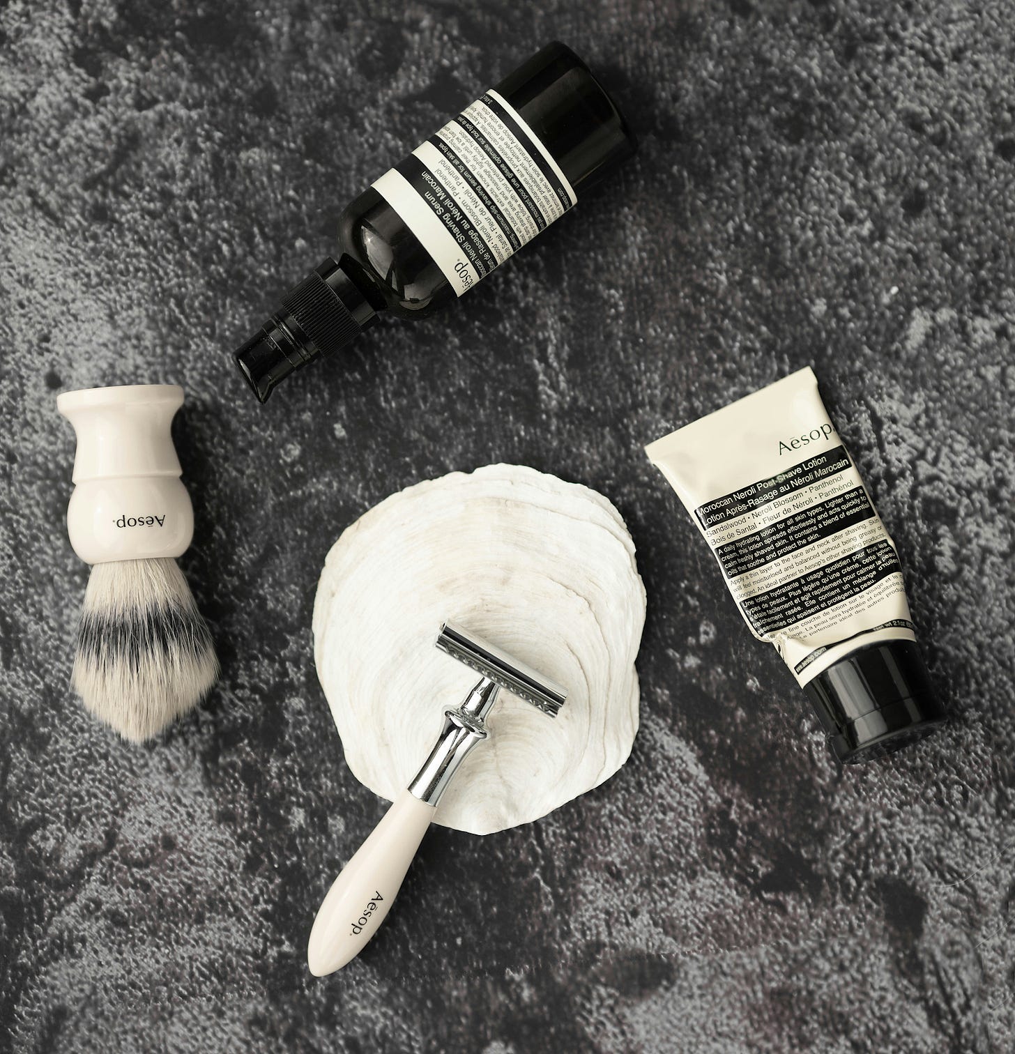 A shaving kit complete with brush and safety razor