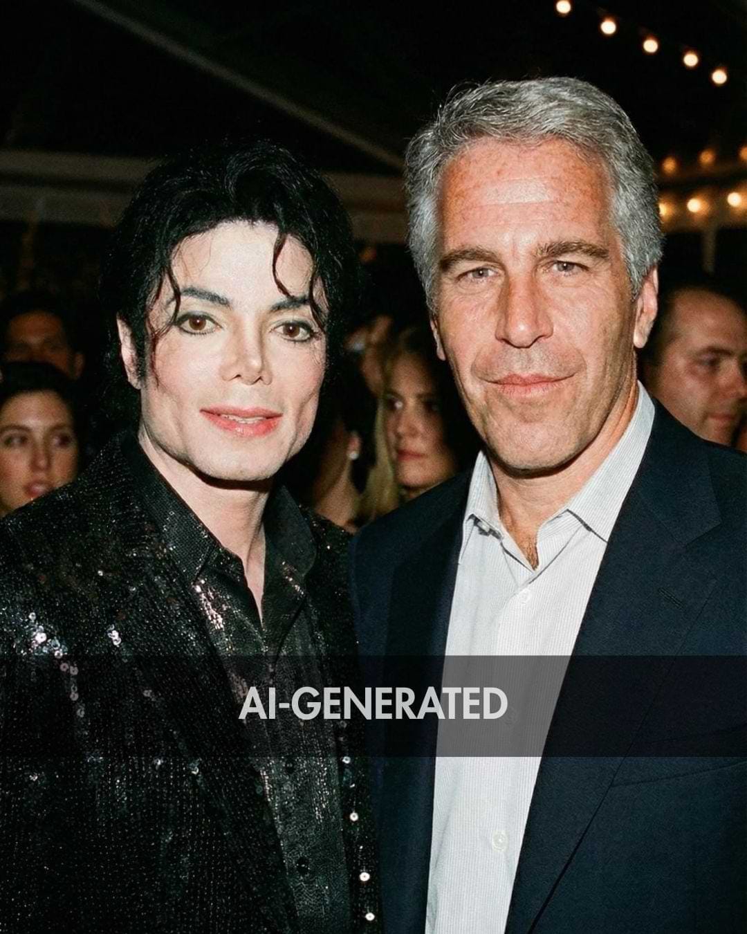 A photorealistic AI-generated photo of a man and a pop star posing together at a crowded event with flash lighting, created with Google’s Nano Banana Pro and labeled “AI-GENERATED.”