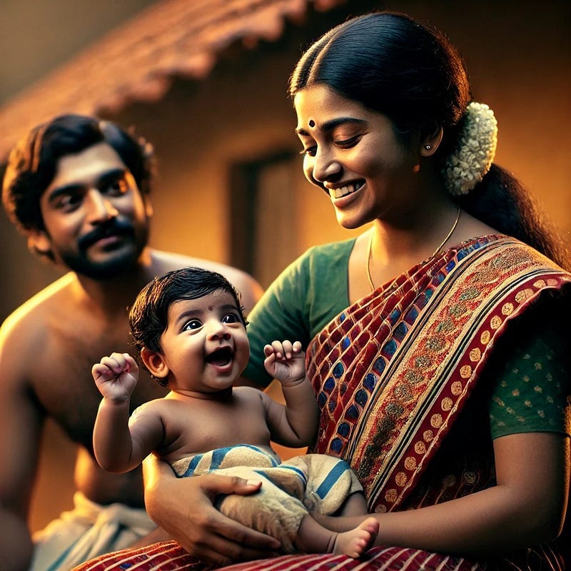 A young Tamil woman is smiling at a baby she is holding. A young Tamil man is looking at them both with a slight smile. A young Tamil woman is smiling at a baby she is holding. A young Tamil man is looking at them both with a slight smile.