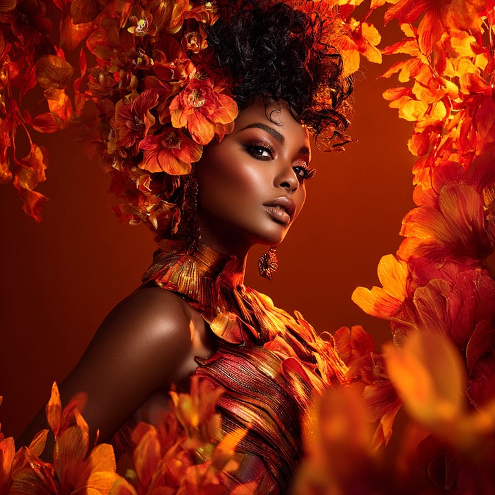 A beautiful black woman surrounded by orange flowers in different art styles.
