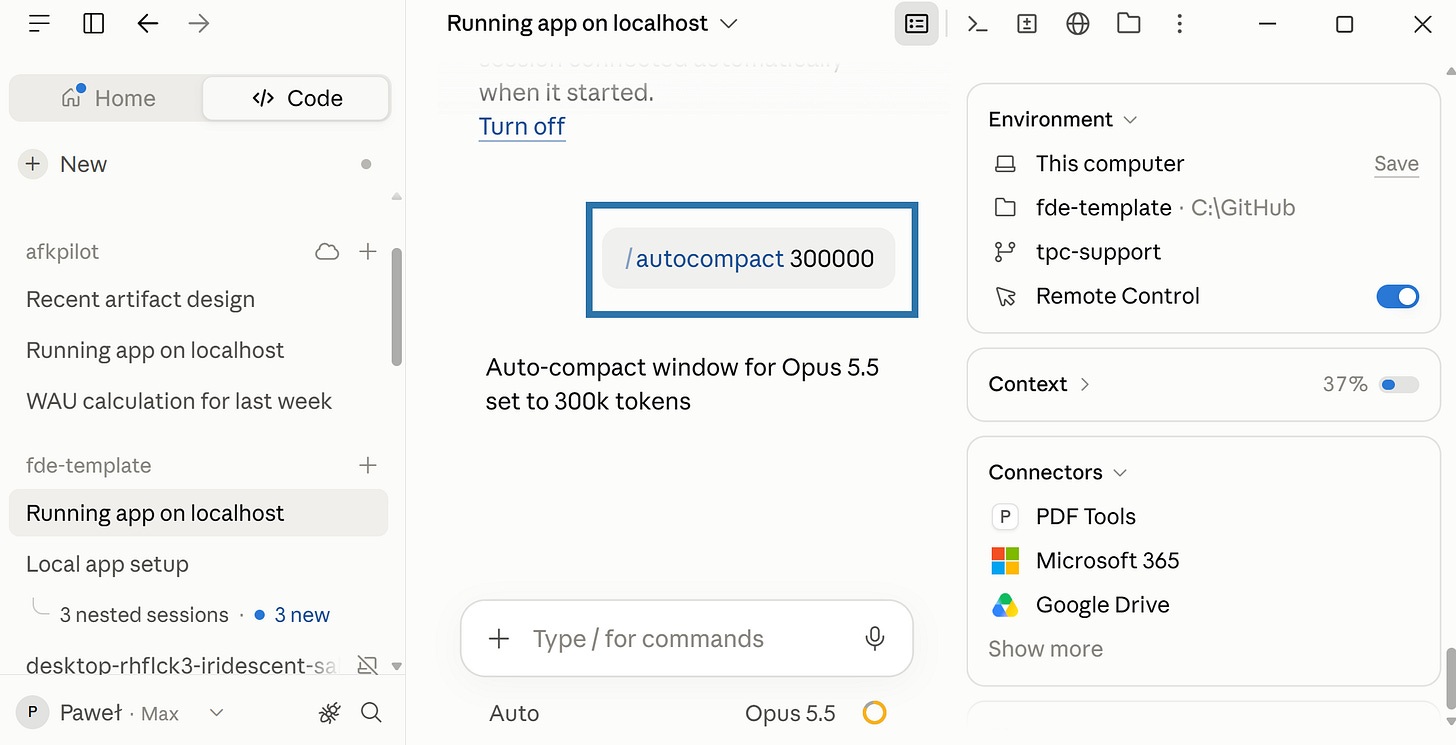 Claude Code auto-compact: /autocompact 300000 sets the window for Opus 5.5 to 300k tokens Claude Code auto-compact: /autocompact 300000 sets the window for Opus 5.5 to 300k tokens