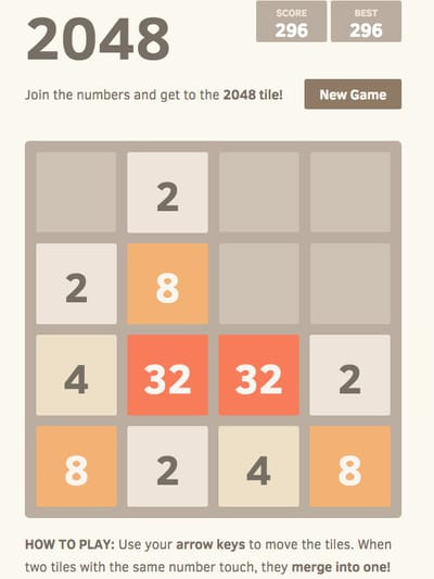 A screenshot of the game "2048" where you must match numbers to get to 2048.
