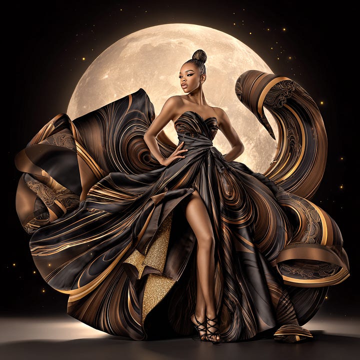 Image 1: A figure in a black and orange ombre dress stands before a large, low-hanging moon, lifting the hem of the voluminous skirt above a dark, reflective water surface.  Image 2: A whimsical illustration of a character in a shimmering gold-accented gown standing on a circular stone stage beneath a large glowing moon and a smaller crescent.  Image 3: A figure in a draped, vibrant yellow floor-length gown walks down a reflective golden path toward a massive, bright yellow moon.  Image 4: A high-fashion silhouette in a dramatic, swirling architectural gown of black and gold silk, posed against the backdrop of a detailed, luminous full moon in a starry sky.