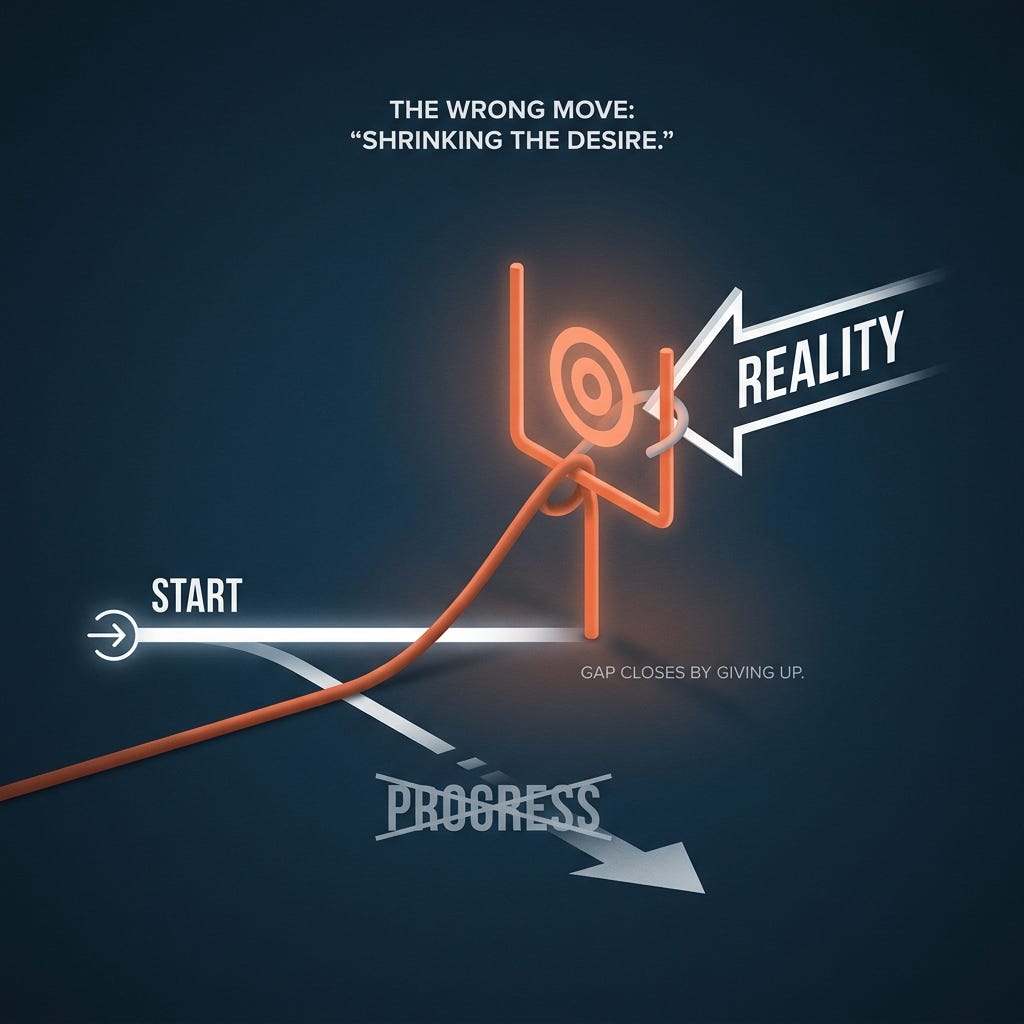 Shrinking the desire — dragging the goal backward