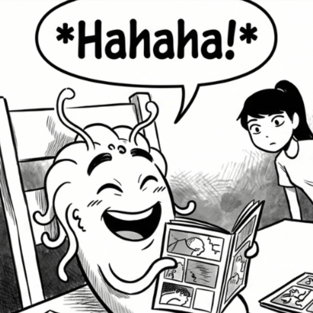 Omie laughs while reading a comic book.