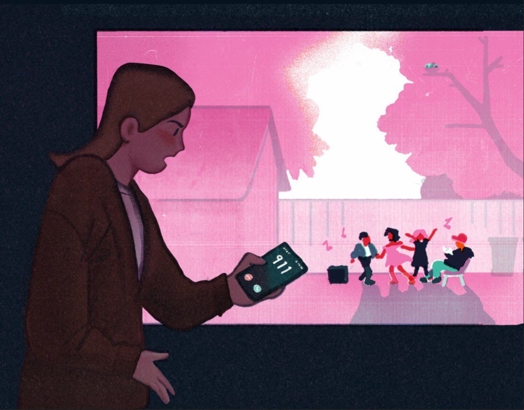 A white woman standing inside her apartment looking down on a group of people of color dancing to music in the dusty pink haze of sundown. She is holding her cell phone and an ongoing call to 911 is visible on her phone screen.