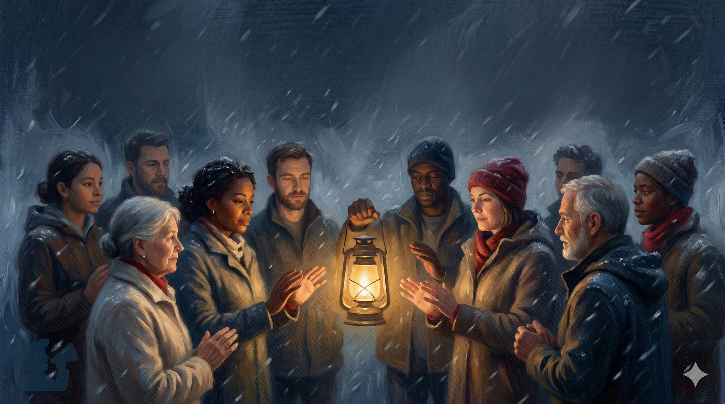 A painting depicting a diverse group of nine people huddled together on a dark, snowy night. They have their hands outstretched and are looking contemplatively at a central, lit kerosene lantern, which provides a warm glow in the surrounding darkness. A painting depicting a diverse group of nine people huddled together on a dark, snowy night. They have their hands outstretched and are looking contemplatively at a central, lit kerosene lantern, which provides a warm glow in the surrounding darkness.