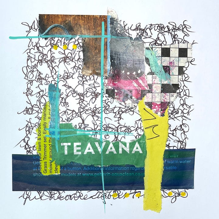 Scraps of coloured paper collages on to handwriting