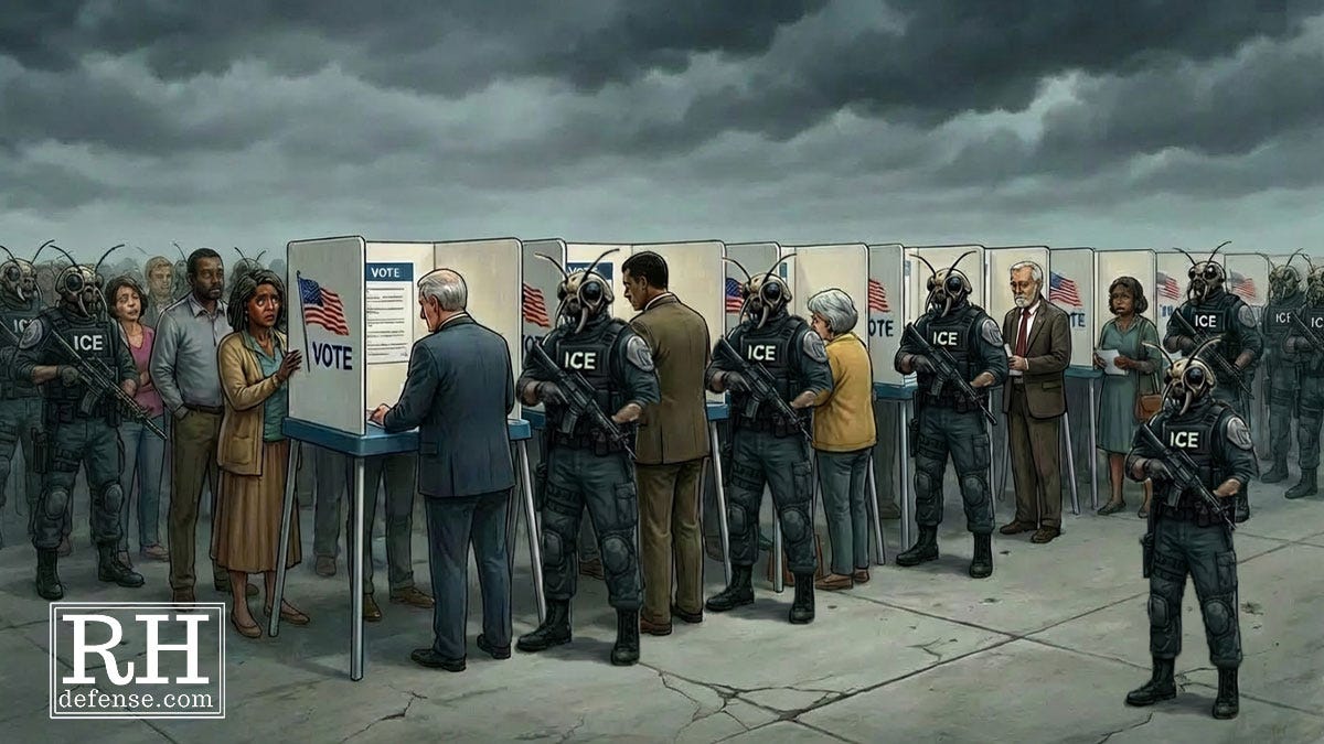 Image of insect-like ICE parasites in uniform standing guard at voting booths, symbolizing how fear of immigration enforcement suppresses voting and undermines democratic rights for immigrant communities. Image of insect-like ICE parasites in uniform standing guard at voting booths, symbolizing how fear of immigration enforcement suppresses voting and undermines democratic rights for immigrant communities.