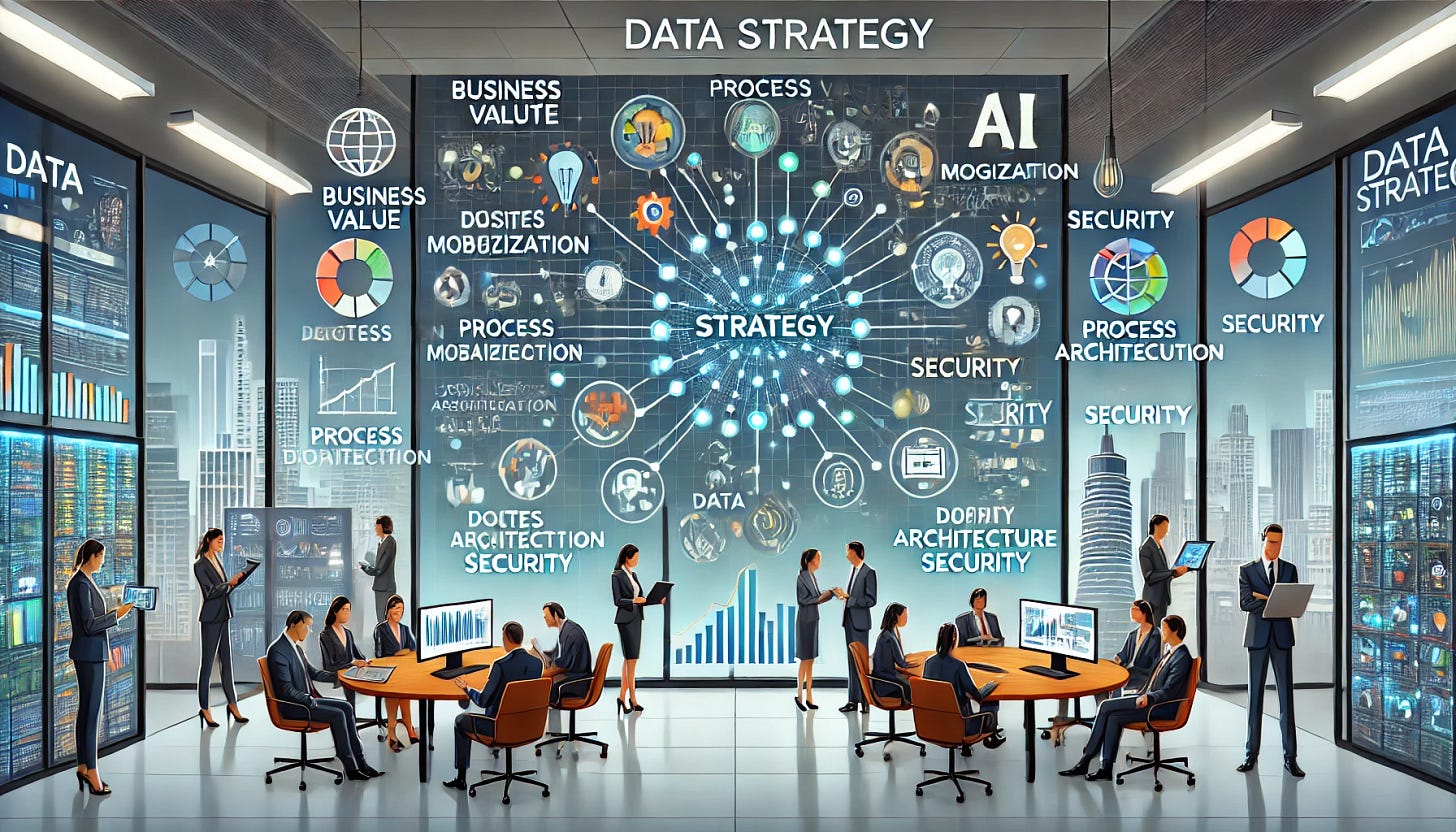A wide-format illustration of data strategy at the center, visually connected to key aspects such as business value, process optimization, data monetization, data architecture, digitalization, security, and AI-driven insights. The setting should resemble a modern company environment with employees collaborating, discussing strategies, and using technology in a business context rather than a screen-heavy digital workspace. The color scheme should be professional and tech-inspired, emphasizing innovation and intelligence.
