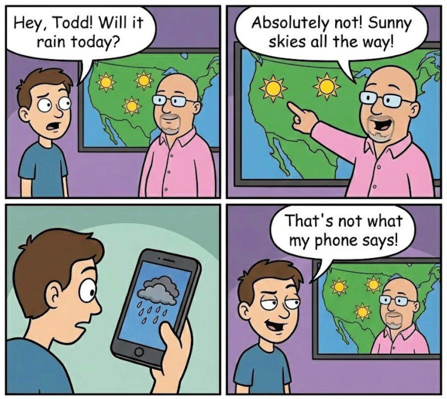 A four-panel comic strip. In the top-left panel, a man in a blue shirt asks, "Hey, Todd! Will it rain today?" to a bald, glasses-wearing weatherman in a pink shirt standing before a map with sun icons. In the top-right panel, the weatherman confidently points to the sunny map and says, "Absolutely not! Sunny skies all the way!" In the bottom-left panel, the man looks shocked at his smartphone, which displays a rain cloud icon. In the bottom-right panel, the man looks skeptically back at the weatherman on a TV screen and states, "That's not what my phone says!"
