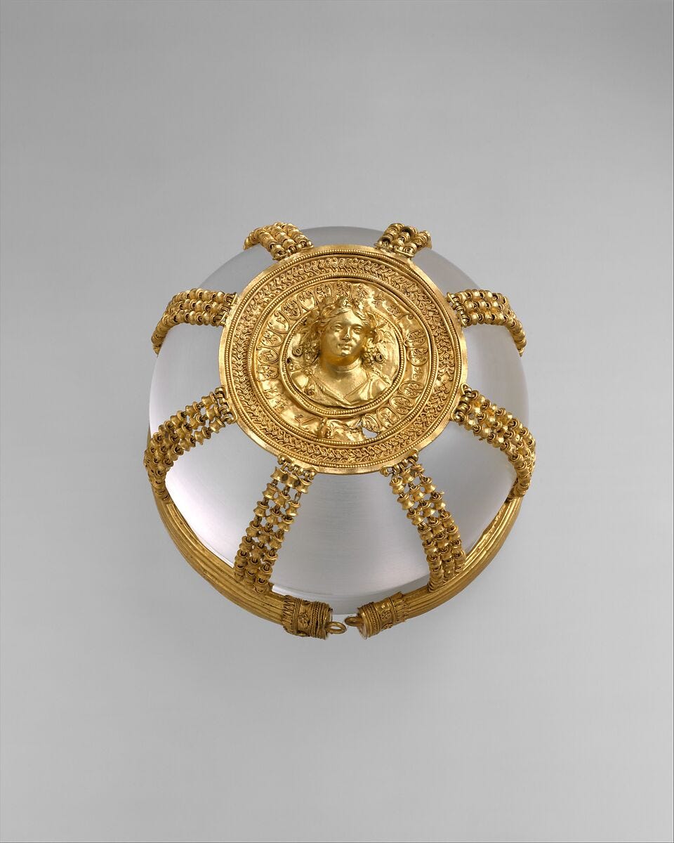 Gold openwork hairnet with medallion, Gold, Greek, Ptolemaic 