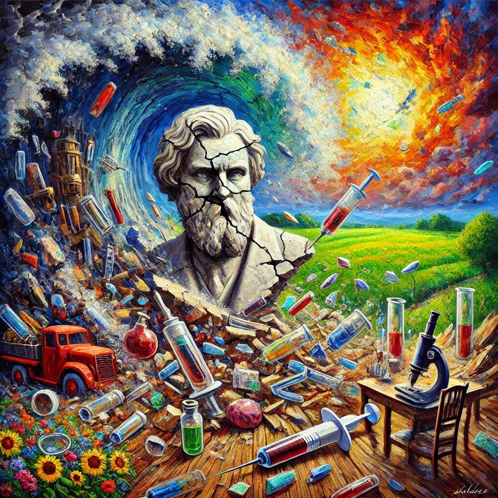 A vivid, square oil painting in thick impressionist brush strokes. The scene shows a symbolic collapse of Louis Pasteur's rabies experiments. In the center, a cracked marble bust of Pasteur is sinking into a chaotic swirl of broken lab tools—syringes, microscopes, and glass slides—spilling out of a dark, stormy laboratory. Surrounding this turmoil, a vibrant natural landscape emerges: green fields, blooming wildflowers, sunlight breaking through storm clouds, representing nature, vitality, and freedom from fear. Rich reds, yellows, and deep blues dominate the palette, with bold texture and no visible human figures. Pure expressionist energy and symbolism.
