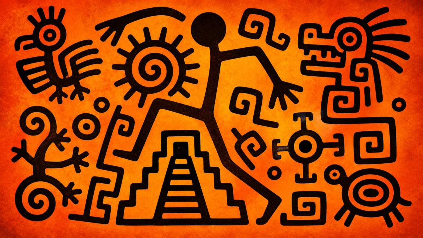 Petroglyph-style figures on an orange background, similar to what I saw when I closed my eyes on San Pedro.