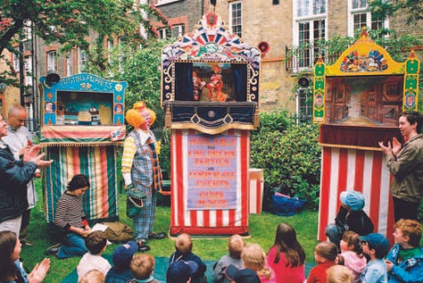 Three pictures, one of punch and Judy in a traditional P&J theatre, the second is a closer look at the puppets and the third is of the venue and the traditional puppets within the garden.