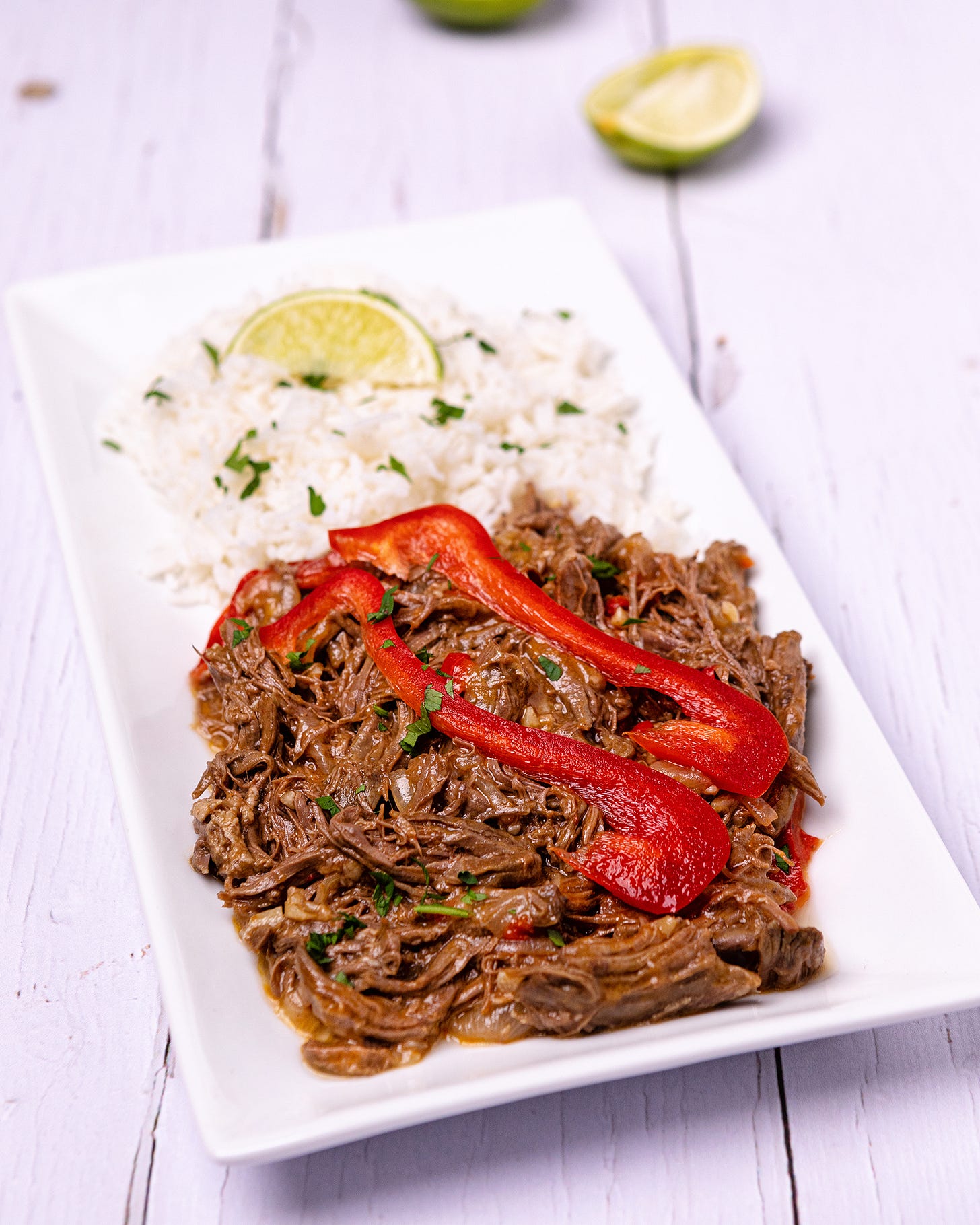 Ropa Vieja served on a white plate.