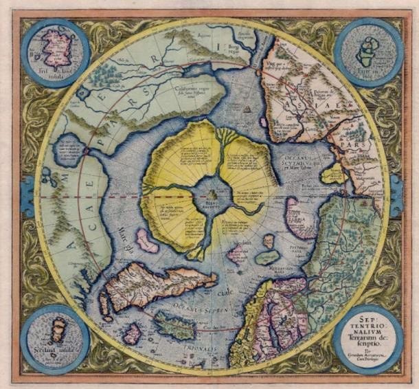 The arctic continent or Hyperborea as shown in the Gerardus Mercator Atlas of 1595 The arctic continent or Hyperborea as shown in the Gerardus Mercator Atlas of 1595