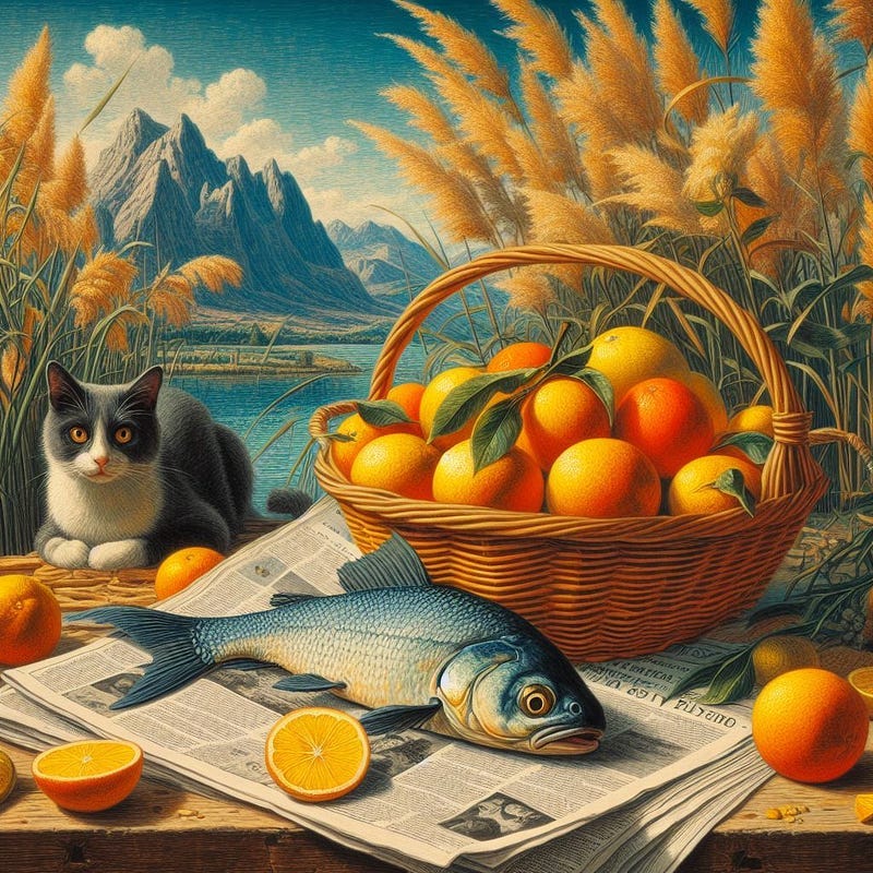 friendly cat fish sleeping reeds blowing dangerous oranges