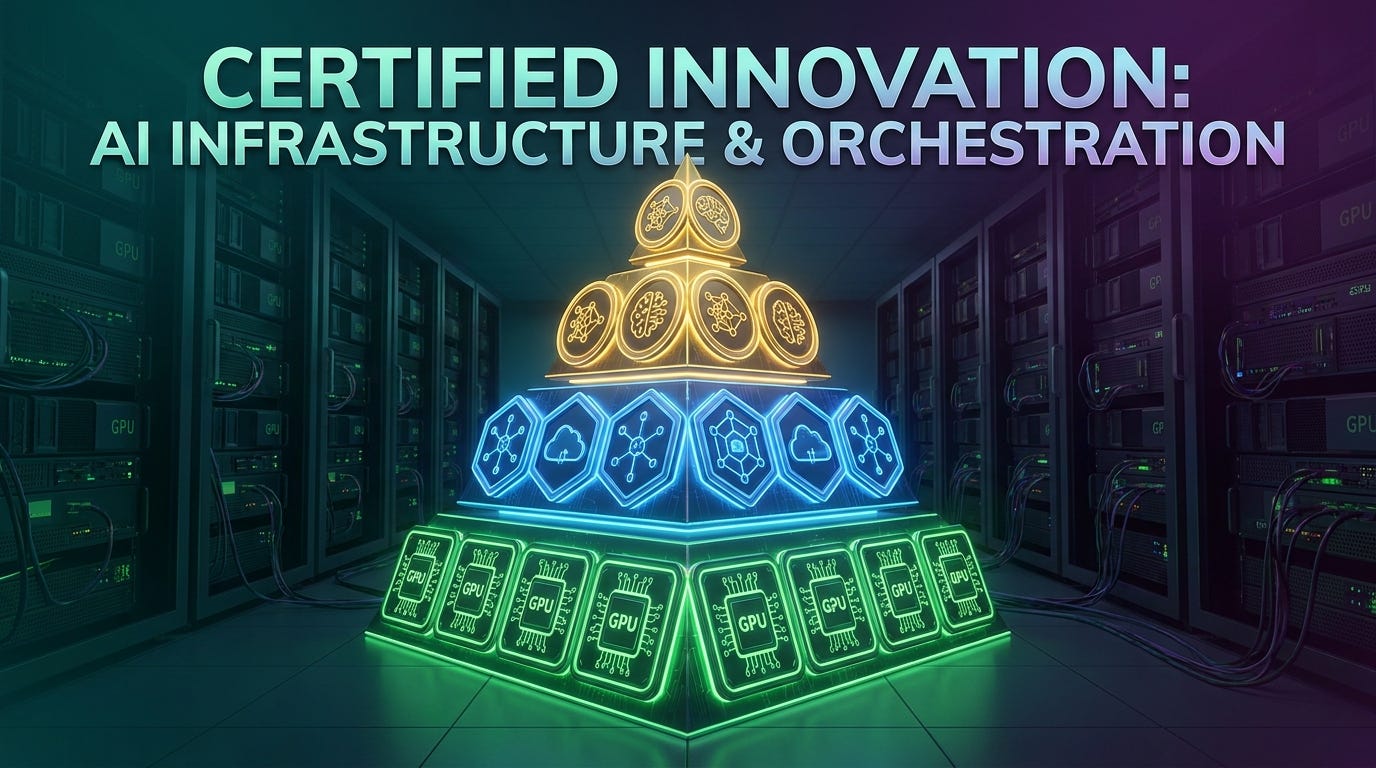 AI Agents certification landscape: layered pyramid of glowing badges rising from GPU server infrastructure across three distinct tiers AI Agents certification landscape: layered pyramid of glowing badges rising from GPU server infrastructure across three distinct tiers