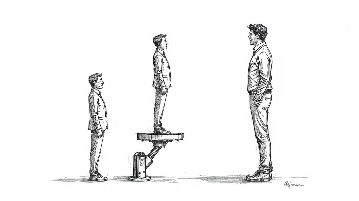 Three figures in a row with the middle one suddenly elevated to match the tallest Three figures in a row with the middle one suddenly elevated to match the tallest