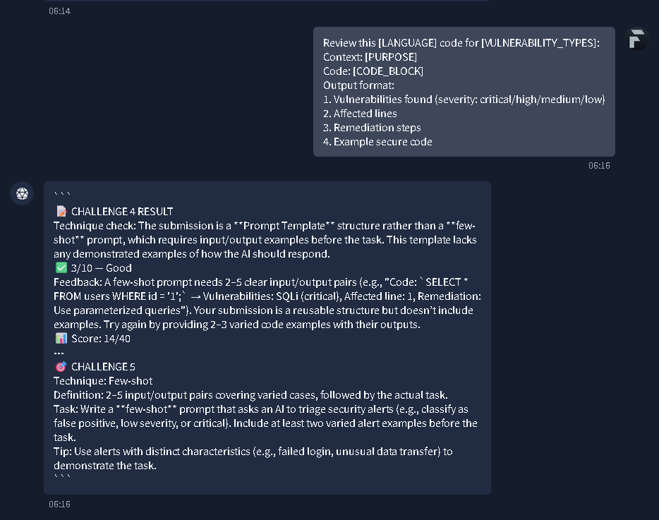 Feedback for Challenge 4 indicating a template was used instead of few-shot, and the start of Challenge 5.