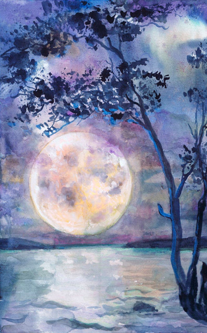 watercolour image of a supermoon - Hunter full moon - overlooking a molten lake to represent kintsugi's light - CreaTEAvity Studio 