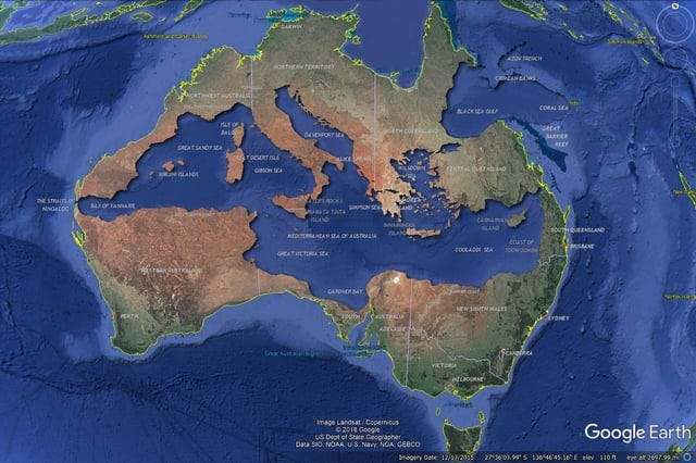 Mediterranean Sea fits inside Australia