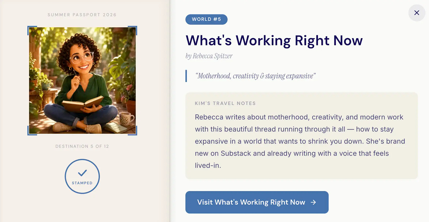 Summer Passport page for Rebecca Spitzer's What's Working Right Now, showing Pixar-style character sitting cross-legged on a sunny patio with a notebook and Kim's travel notes