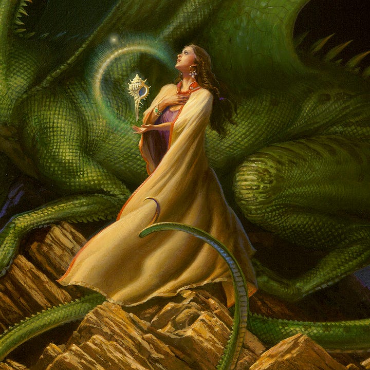 LEFT: Close detail from GIFT FROM THE SEA featuring the head of the dragon. Its eyes are thin slivers of red contrasting green scales. The snout ends with flared nostrils that give the tip a barbed appearance. The thinnest crescent of moon shows between the angle of rocks in the background. RIGHT: Figure detail from GIFT FROM THE SEA featuring a woman in tan cloak with red trim. A spiky conch-like shell hovers over her outstretched palm, casting a radial aura. She wears a golden bracelet set with emeralds. Her earrings are wide rings with a trio of pearls of different sizes dangling from. The rocks she stands on are projected on diagonals, and the green tail curls around the stone.