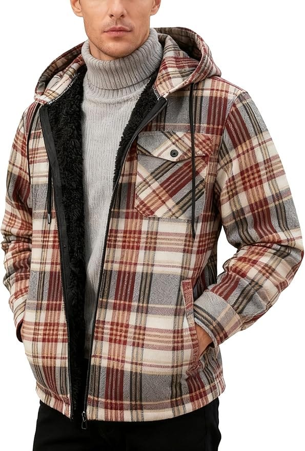 This fleece-lined flannel jacket keeps you warm and comfortable through colder months. Made from a soft polyester and cotton blend, it feels cosy without irritation. Full sherpa lining, including the sleeves, provides warmth without added bulk. It features a hood with drawstring, one chest pocket, two side pockets, and a classic buffalo plaid design. Ideal for layering, outdoor work, daily wear, or gifting. Machine washable and easy to care for. Check the size chart and size up for a relaxed fit.