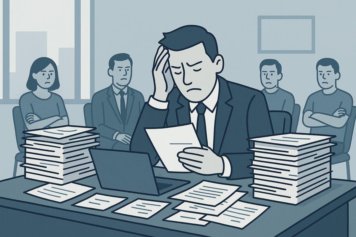 an illustration of A minimalist office scene showing a stressed manager at a desk covered in papers and tasks, while team members sit idle in the background looking frustrated, illustrated in a clean corporate art style with muted blue and grey tones