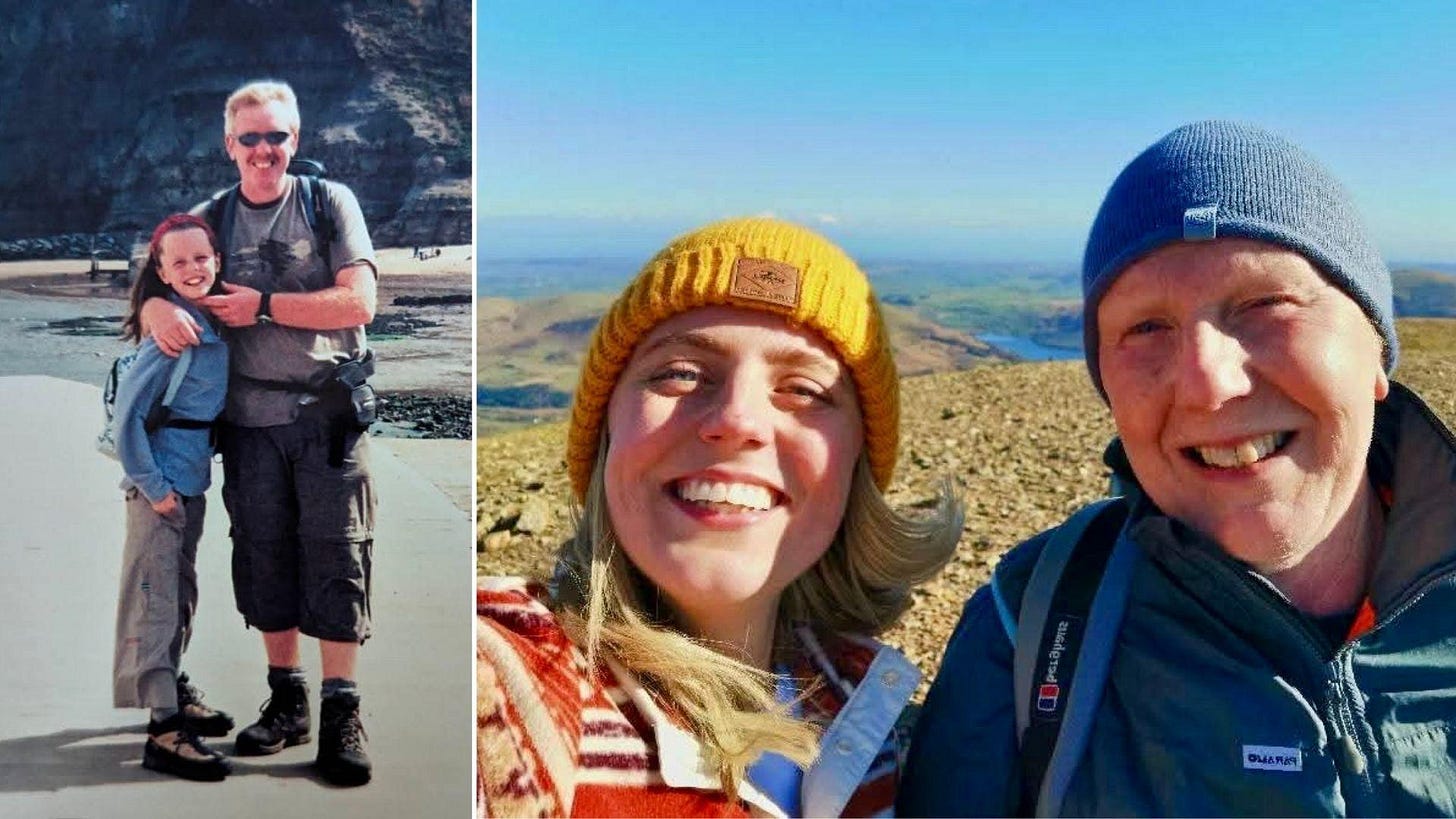 Side by side images of Bassinder and her dad on hikes. In one, she looks about 9 years old. He has his arm around her and they smile at the camera. The other is a more recent selfie, she looks to be in her 20s, where they are both smiling and have a view of hills behind them.
