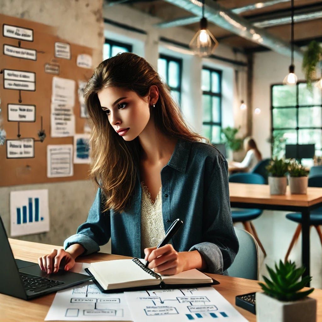 A young professional woman in a startup office environment, focused on documenting an operational process. She is seated at a desk, taking detailed notes on a laptop and in a notebook, with open documents, diagrams, and a whiteboard with flowcharts in the background. The office has a modern, open-space design, giving a casual yet productive atmosphere typical of a startup. Her expression shows concentration as she records each step of the process, highlighting the importance of structured documentation in a dynamic work setting.