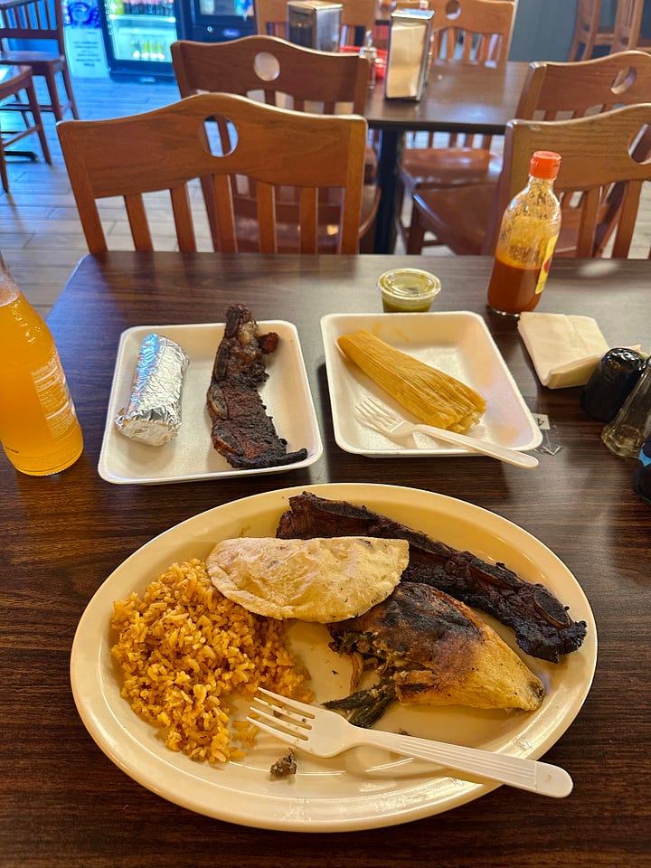 two bikes pulled over with a dusky sky backdrop and hazy moon; Jessica standing in front of her loaded motorcycle, a Guest check for $16, plates of Latin food like tamales, rice, empanadas, short ribs